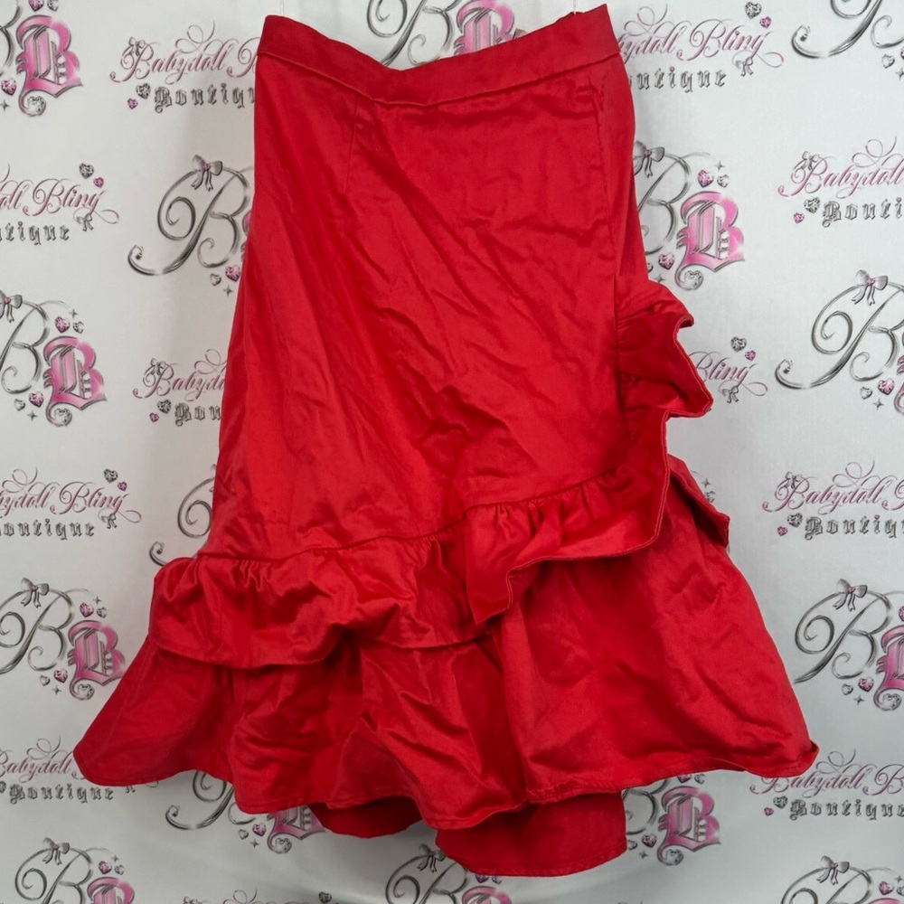 Zaret sahar skirt ruffle frills tiered bright Chic Asymmetrical Red Skirt